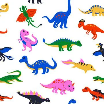 Dinosaur pattern. Seamless print with cute colourful prehistoric reptiles for Stock Illustration