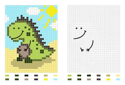 Dinosaur pixel cartoon coloring page by numbers, vector illustration Stock Illustration