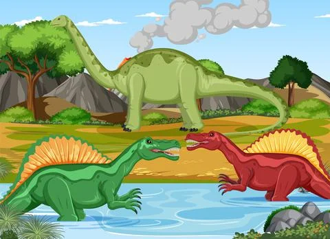 Dinosaur in prehistoric forest scene Stock Illustration