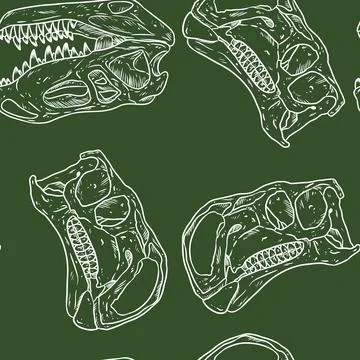 Dinosaur prehistoric fossils seamless pattern on green chalkboard. Trex and h Illustrazione stock