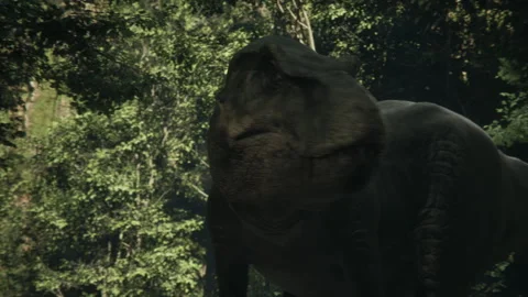 Dinosaur prowling through a dense forest at sunset Stock Footage 295117904