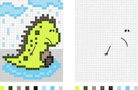 Dinosaur in the rain pixel cartoon coloring page by numbers Stock Illustration