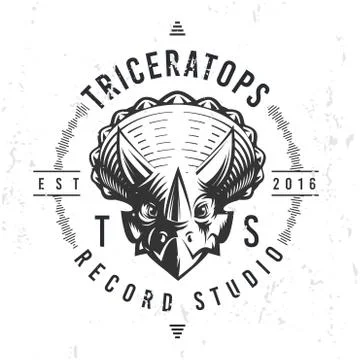 Dinosaur record studio logo template. Triceratops music company logotype. Dino Stock Illustration