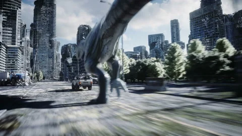 Dinosaur rex running behind the car in destroyed city. Dinosaurs apocalypse Vidéo 96773227