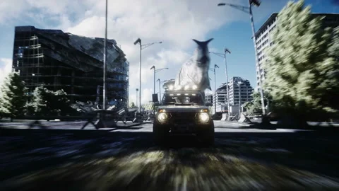 Dinosaur rex running behind the car in destroyed city. Dinosaurs apocalypse Stockbeeldmateriaal 96773401