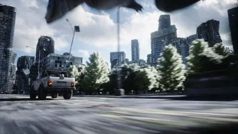 Dinosaur rex running behind the car in destroyed city. Dinosaurs apocalypse Vidéo 96773433