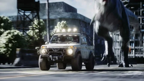 Dinosaur rex running behind the car in destroyed city. Dinosaurs apocalypse Vidéo 96773475