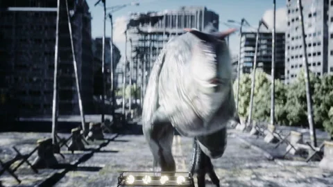 Dinosaur rex running behind the car in destroyed city. Dinosaurs apocalypse Vidéo 96773536