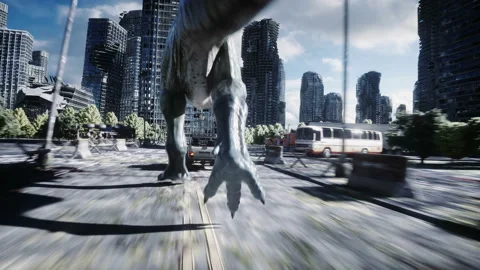 Dinosaur rex running behind the car in destroyed city. Dinosaurs apocalypse Stockbeeldmateriaal 96773604