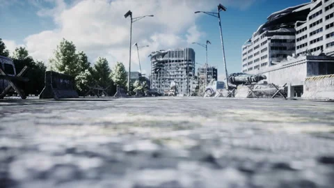 Dinosaur rex running behind the car in destroyed city. Dinosaurs apocalypse Vidéo 96773646