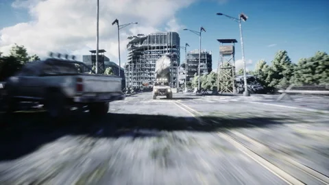 Dinosaur rex running behind the car in destroyed city. Dinosaurs apocalypse Vidéo 96773665