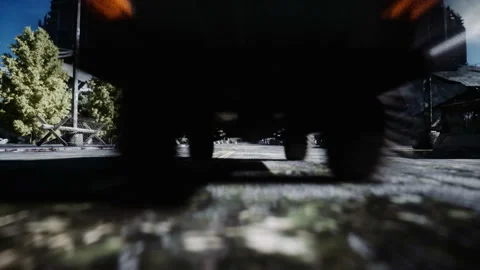 Dinosaur rex running behind the car in destroyed city. Dinosaurs apocalypse Vidéo 96773701