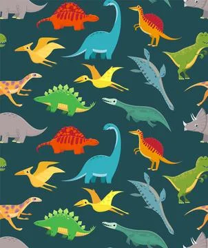 Dinosaur seamless pattern. Cute kids dinosaurs, colorful dragons. Vector wa.. Stock Illustration