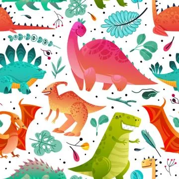 Dinosaur seamless pattern. Dino textile print dragon funny monsters cute animals Stock Illustration