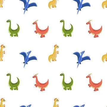 Dinosaur seamless pattern. Funny colorful dino. Vector, flat Stock Illustration