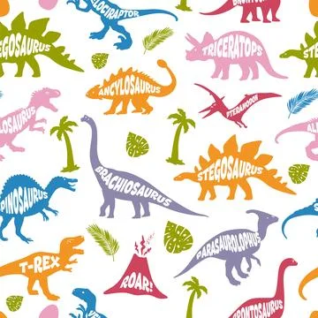 Dinosaur seamless pattern. Hand drawn vector dinosaurs with background view.  Stock Illustration