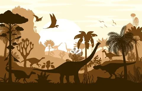 Dinosaur silhouettes, vector shadow jurassic scene Stock Illustration