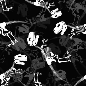 Dinosaur skeleton 3d background. Seamless pattern of bone and skull t-Rex. De Stock Illustration