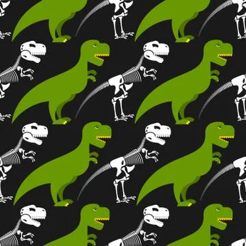 Dinosaur skeleton and seamless pattern. Green prehistoric monster with a skul Illustrazione stock