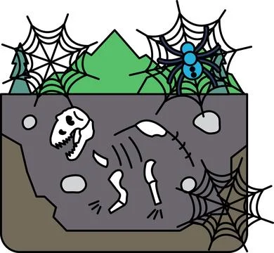 Dinosaur skeleton lies in a dark, cobweb-filled cave Stock Illustration