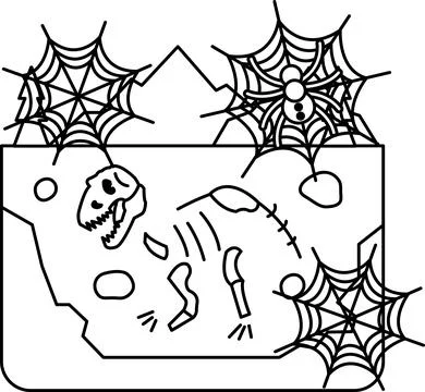 Dinosaur skeleton lies in a dark, cobweb-filled cave Stock Illustration
