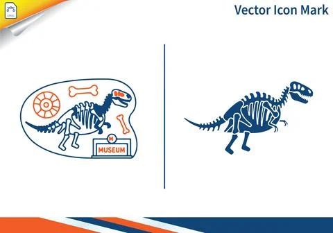 Dinosaur skeleton in museum exhibit with bones vector icon mark. 스톡 일러스트