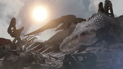 Dinosaur skeletons after extinction 3d render Stock Footage 164249796