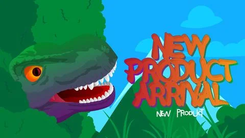 Dinosaur with speech bubble saying New Product Arrival word. Tyrannosaurus Re Illustration