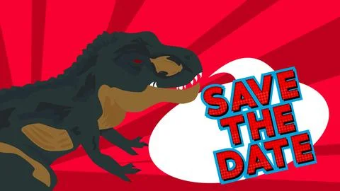 Dinosaur with speech bubble saying Save The Date word. Tyrannosaurus Rex with Stock Illustration