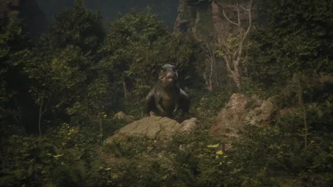 Dinosaur stomping through the jungle in a powerful shot Video stock 295144238