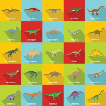 Dinosaur types signed name icons set, flat style Stock Illustration
