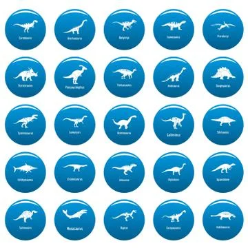 Dinosaur types signed name  icons set blue, simple style Stock Illustration