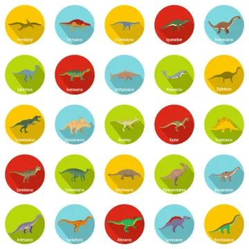 Dinosaur types signed name icons set, flat style Stock Illustration