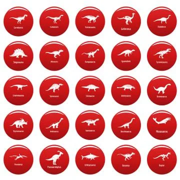 Dinosaur types signed name icons set vetor red Stock Illustration