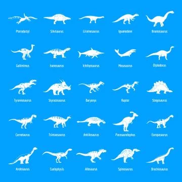 Dinosaur types signed name icons set, simple style Stock Illustration