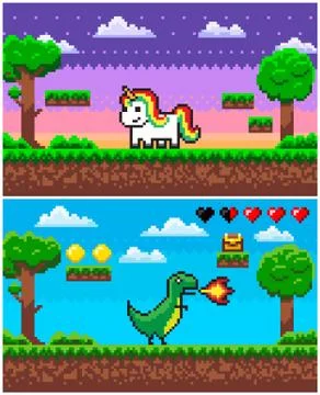 Dinosaur Unicorn, Pixel Game Pixelated Graphics Ilustração Stock