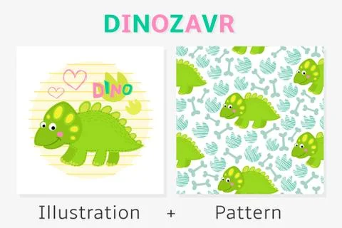 Dinosaur vector seamless pattern and illustration Stock Illustration