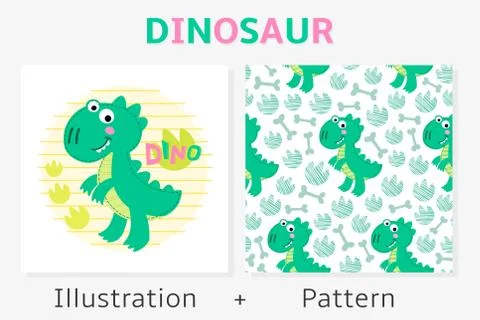Dinosaur vector seamless pattern and illustration. Stock Illustration