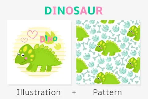 Dinosaur vector seamless pattern and illustration Stock Illustration