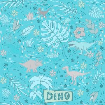 Dinosaur vector seamless pattern on a blue tones Stock Illustration