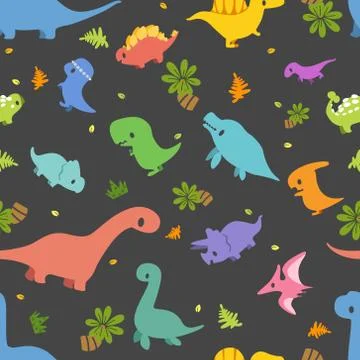Dinosaur vector seamless pattern, Different type of cute cartoon dinosaurs on Stock Illustration