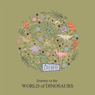 Dinosaur  vector set in a circle isolated on a green Stock Illustration