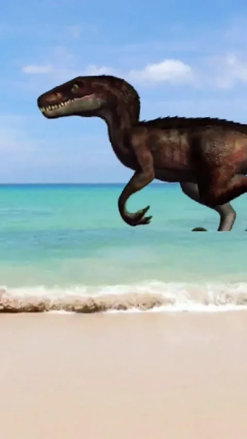 Dinosaur walking on the beach - 9x16 Stock Footage 313799053