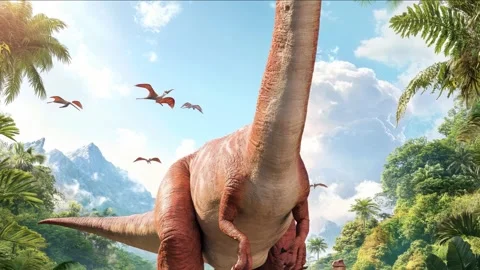 Dinosaur Walking Towards Camera in Prehistoric Jungle with Pterosaurs Video stock 300281394