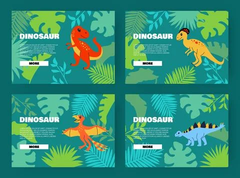 Dinosaur web design. Different types of dino on palm leaves background. Wild Stock Illustration