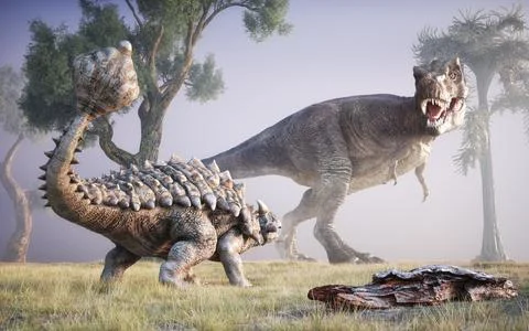 Dinosaurs engaged in a dramatic encounter in a prehistoric landscape during.. Stock Illustration