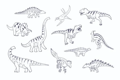 Dinosaurs with flowers vector doodle illustrations set Illustrazione stock