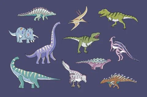 Dinosaurs with flowers vector doodle illustrations set Illustrazione stock