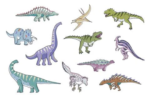Dinosaurs with flowers vector doodle illustrations set Illustrazione stock