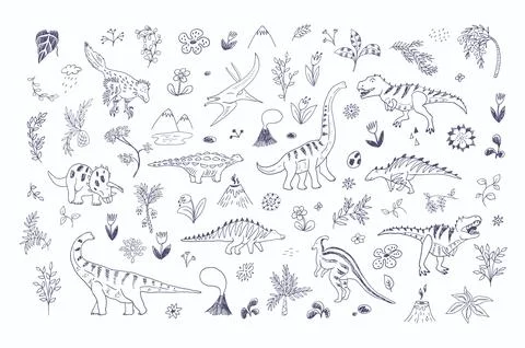 Dinosaurs with flowers vector doodle illustrations set Illustrazione stock
